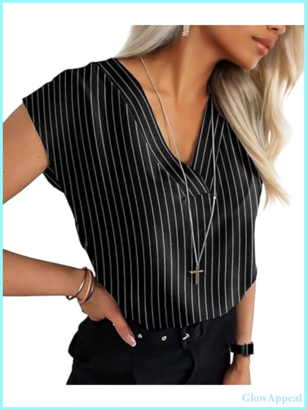 Women's V Neck Cap Sleeve Blouse Textured Business Casual Top